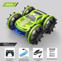 수륙양용차 무선조종자동차 rc카 2in1 RC 자동차 2.4GHz 원격 제어 보트 방수 무선 스턴트 4WD 차량 소년을 위한 지형 해변 풀 장난감 조종, [03] Green Single Remote