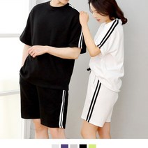 커플시 밀러룩 더블라인 반팔티 반바지 세트 5컬러 시밀러룩 커플룩 남자 여자 20대