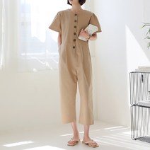 원타임 여성용 버튼 퍼프소매 점프슈트