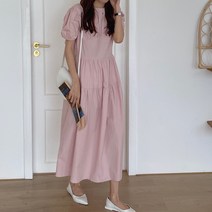 잇츠스타일 봄 루즈핏 어깨퍼프 핑크 블루 롱 원피스