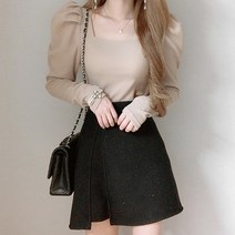 [레티고] 스퀘어 넥 퍼프 긴팔 골지 니트 블라우스