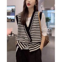 V넥 스트라이프 조끼 스웨터 여성 가을 야외 루즈핏 카디건