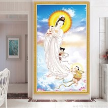 불교장식 전체 큐빅 관음보살 인테리어 그림 비즈 대형 보석십자수 재료 만들기 세트, 70x110cm