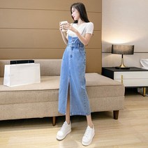 D6 하이 웨스트 레트로 슬리밍 데님 스커트 멜빵 청치마 미디 봄코디 A라인 원마일룩