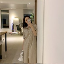cw20 린넨 봄 긴팔 스트라이프 롱 셔츠 원피스 루즈핏 카라넥 빅사이즈 럭셔리 바캉스 외출룩 드레스