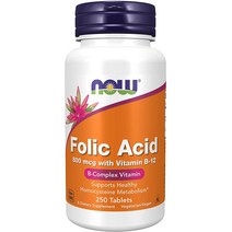 나우푸드 Now FoodsFolic Acid with Vitamin B 12 비타민 B-12 함유 엽산 800 mcg 타블렛 250개입, 2개
