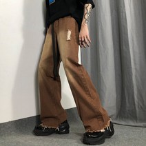 빈티지데님팬츠 HOUZHOU남성용 디스트레스 청바지 부츠컷 찢어진 홀 일본 스트리트웨어 힙합 4946319492