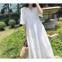 여름 바캉스 휴양지 V넥 레이스 펀칭 롱 비치원피스