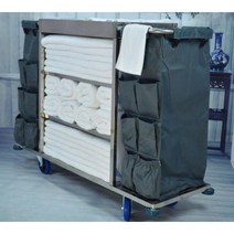 모텔 청소 카트 트롤리 수건 비품 수레 수거카 호텔, 양면 회색 포켓 스테인레스 스틸