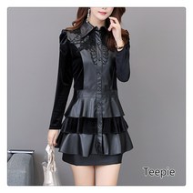 티피 여성 가을과 겨울 새로운 큰 사이즈 중간 길이 접합 긴팔 통근 PU 가죽 스커트