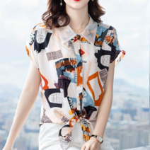 [바니드] 여성 반팔 쉬폰 레터링프린트 세련된 셔츠블라우스 0687