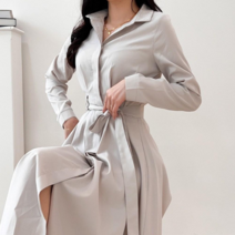 투디 셔츠 핀턱 플레어 롱 셔츠 원피스 벨트포함 하객룩 3color