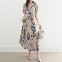 프롬코 여성 여름 플라워 랩 셔링 캉캉 맥시 롱 원피스 FRC189