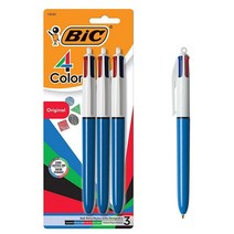 BIC 4색 볼펜 미디엄 포인트 (1.0mm) 다양한 잉크 3개입, 3 Count (Pack of 1)