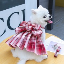 넬라펫 by 디크디크 강아지 하네스 봄 여름 체크 리본 치마 하네스줄 세트 댕댕이 소형견 하네스옷 원피스 드레스 스커트 하네스세트 빅리본 연핑크 퍼플 스카이블루 그레이 레드 핑크, M, 레드원피스