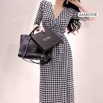Makone 상표등록 여성 브이넥 하운드 체크무늬 랩 맥시 롱 원피스