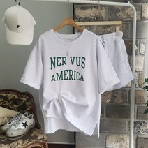 상상그이상 여성용 국내제작 널버스 세트 레터링 반팔 반바지 트레이닝 세트 캐주얼 루즈핏 셋업