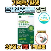 뇌 영양제 징코 기억력 혈행 은행잎추출물 30정 150mg 두뇌 건강 비타민 B1 B2 B6 아연 부모님 수험생 건강기능식품, 1통(1개월)