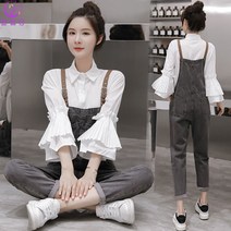 셀럽당 여성용 데님 멜빵 팬츠 세트 화이트 셔츠+멜빵 청바지 세트 봄/가을 치노팬츠