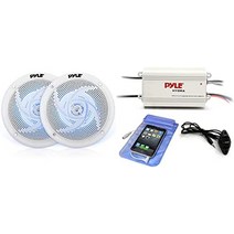 로우 프로파일 방수 마린 스피커 - 240w 6.5인치 2웨이 1쌍 슬림 스타일 방수 내후성 실외 오디오 스테레오 사운드 시스템 w 파란색 조명 LED 조명 - 파일(흰색), 마린 스피커 - 240w + 앰프 - 200와트