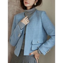 RM 트위드자켓 가을 겨울 여성 더블 브레스트 크루넥 상의 스몰 향수 숏 트위드 재킷 블루 코트 봄