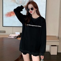 트렌드 작은 키치한 유행 라운드넥 핑크맨투맨 와이드 루즈핏 이니셜 상의 여성 3759234389, 블랙 L