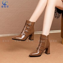 셀럽당 에나멜 앵클부츠 여고 굽 추동 큐빅 버클 굽이 거칠다 뾰족한 끝 워커 기모 소프트 여성 부츠