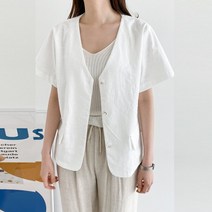 여자 여성 여름 심플룩 시원한 루즈핏 브이넥 쓰리버튼 반팔 면 코튼 자켓 재킷