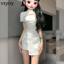 vsyoy 새로운 중국 청삼 2023 새로운 여름 달콤하고 뜨거운 스타일 아름다운 뜨거운 소녀 랩 힙합 새로운 중국 드레스 화이트 드레스