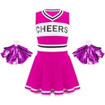 치어리딩 응원도구 응원수술 치어리딩복 성가대가운 응원복 키즈 소녀 치어 리더 댄스 의상 민소매 v넥 건배 프린트 크롭 탑 플리츠 스커트 및 플라워 볼 1 쌍 세트, [02] 6, [01] Purplish Red A