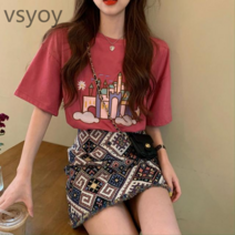 vsyoy 빨간 티셔츠 여성용 반팔 조수 투피스 정장 맞춤형 자수 연령 감소 느슨한 조커 슬림 롱 코트