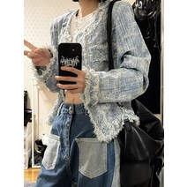금장단추 캐쥬얼 여성용 크롭 데님트위드자켓 데님 데님 트림 트위드 자켓 노카라 데님트위드자켓 카라 트위드자켓