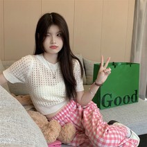 여성 반팔 라운드 크롭 니트티 디자인 센스 할우 화이트 하이 웨이스트 티셔츠