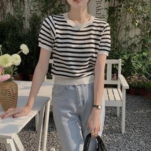 주디앤 레인보우 스트라이프 배색 크롭 반팔 니트