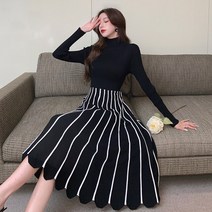 패플럼니트터틀넥 두꺼운 스웨터 드레스 여성용 세련된 긴 소매 니트 스트라이프 히트 컬러 주름 디자인