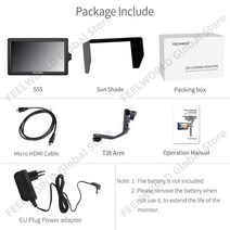 프리뷰모니터 카메라 모니터 방송용 Feelworld 5.5 인치 4k 휴대용 dslr 필드 hdmi 입력 출력 소형 풀 hd 1280x720 ips 틸트 암 전원 s55, s55eu, 1개