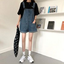 여자 데일리 귀여운 루즈핏 롤업 데님 멜빵 반바지 데님 바지 반팔 여자 열자 여성 나시 점프 청 여름