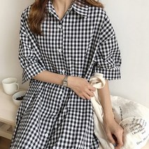 데일로엔 여성 체크패턴 셔츠카라 반팔 롱 원피스