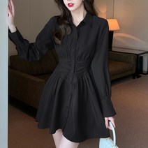 오버클래쓰 여성 카라넥 긴팔 미니원피스 A라인 무지 데일리룩