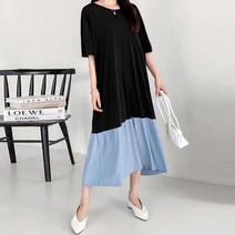 가비진 여성용 박스 스판 배색 셔링 반팔 롱 원피스 빅사이즈까지