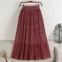 여성용 도트 플리츠 쉬폰 롱 스커트 시폰 주름 밴딩 롱 치마 3color