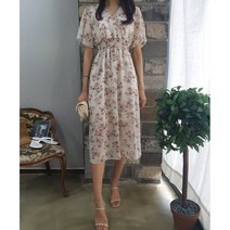 상상그이상 여성용 달콤 스모크 끈 원피스 브이넥 플라워 롱원피스 바캉스룩 여신 플레어원피스