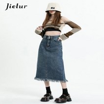 롱청치마 코디 데님 플리츠 스커트 Jielur캐주얼 플레인 a라인 롱 미디 여성용 더블 브레스트 Y2k 맥시 스트리트웨어 패션 의류