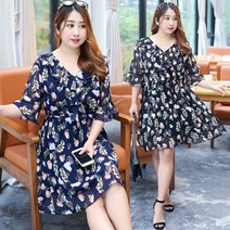 [당일발송]지패션 플라워 쉬폰 빅사이즈원피스 데이트룩 바캉스 77 88 99 110까지 미디원피스