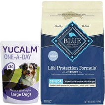 번들: YuCALM Lintbells Calming Soft Chews Large Breed Dog Supplement Blue Buffalo Life Protection Formula 시니어 치킨 현미 레시피 건조 식품