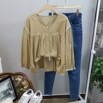 상상그이상 여성용 차이나 카라 레이스 디테일 기본 퍼프 블라우스