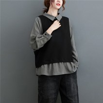 체크 카라 블라우스 캐주얼 잔체크 베스트 레이어드 루즈핏블라우스