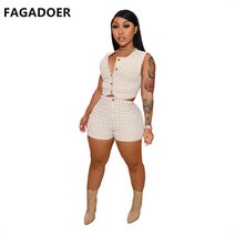 여성트위드자켓 봄 원피스 코디 트위드 자켓 FAGADOER-빈티지 트위드 격자 짧은 재킷 코트 + 바지 정장