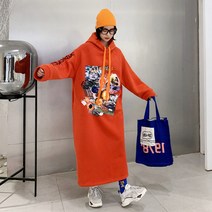 위위브렌 서브 트임 후드 프린팅 기모 롱원피스