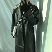 남자 가죽 코트 오버핏 롱 레더 트렌치 가운 자켓 로브 (ML)
